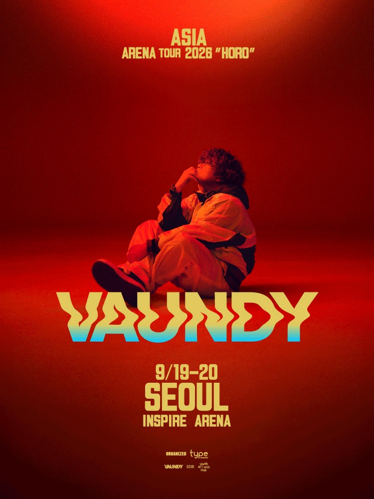 赤い背景に床に座るVaundyの写真とグラデーションの「VAUNDY」タイトル、「ASIA ARENA TOUR 2026 HORO」「9/19-20 SEOUL INSPIRE ARENA」が記された公演公式キービジュアルです。